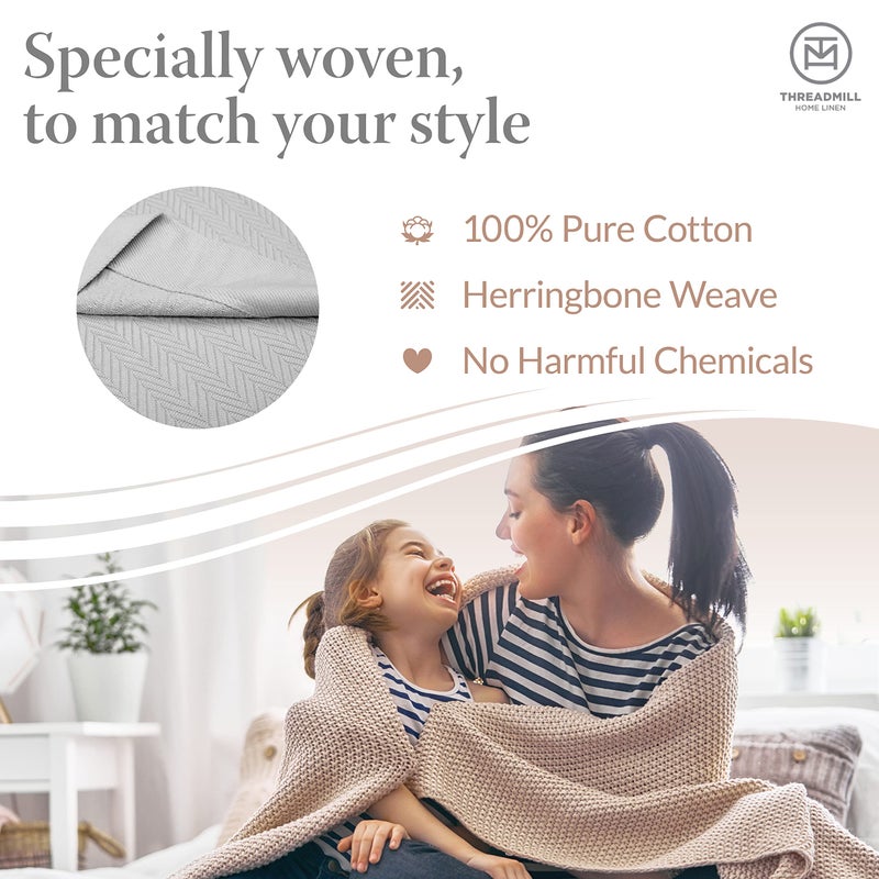 Threadmill Luxury Cotton Blankets for Twin Size Bed | All-Season 100% Cotton Twin Blanket for Bed | Herringbone Soft & Cozy Fall Thermal Blanket, 350GSM, 68x90 inches | Light Grey - Image 3